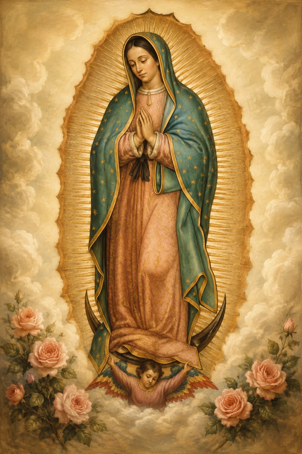 Ilustración de la Virgen de Guadalupe con manto de estrellas, rodeada de luz y rosas